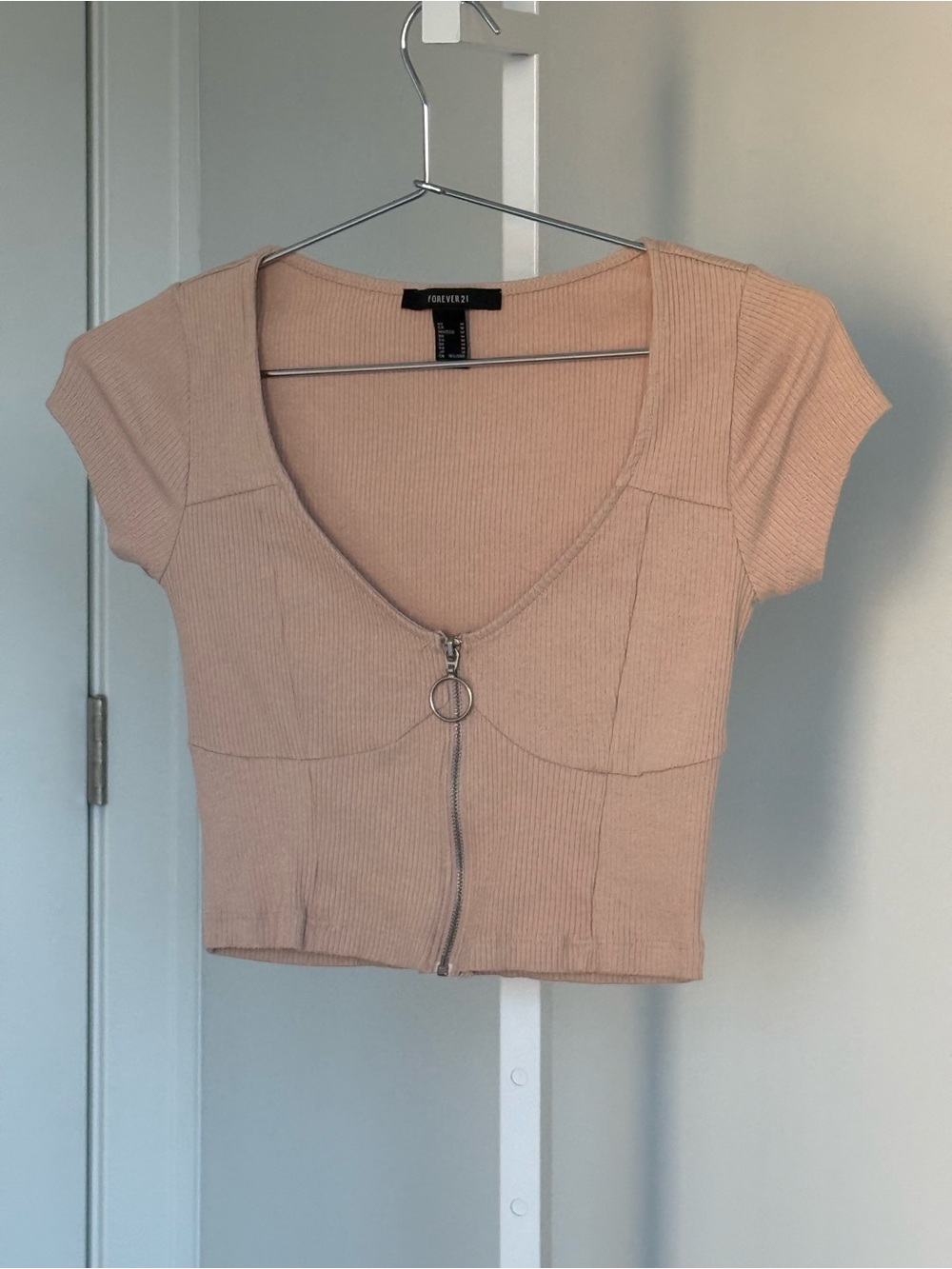 Forever 21 Tan Ribbed Zip-Up Crop Top